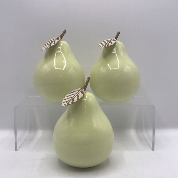 3 Pears Green Glazed Ceramic With Metal Leaf and Stem 4" Tall Modern Farmhouse - Picture 4 of 5